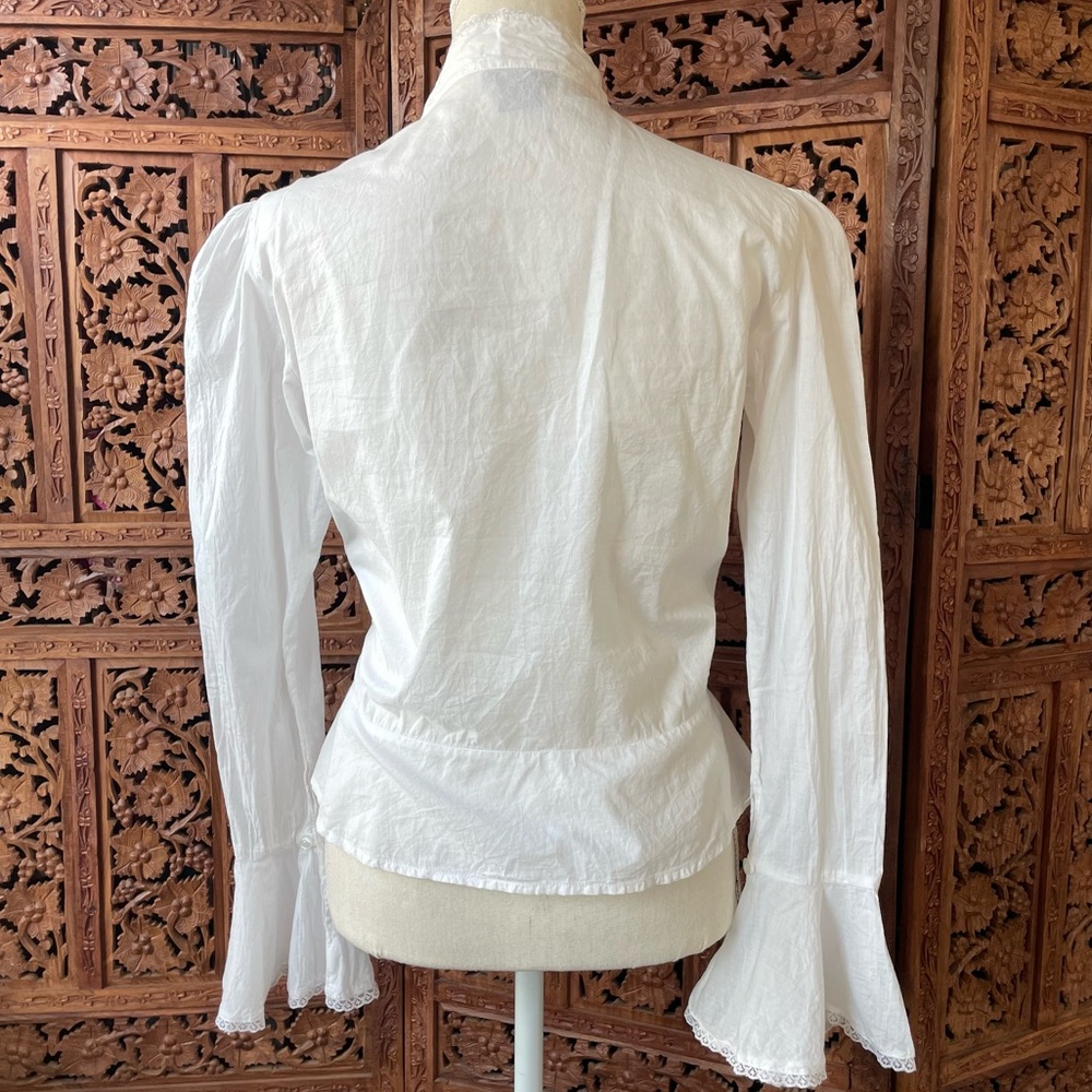 Victorian-Inspired Western White Cotton Lace High-Neck Button Down bell sleeve - Picture 11 of 13
